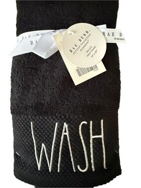 BNWT Rae Dunn Black Hand Towel with White "WASH" & “DRY” Embroidery